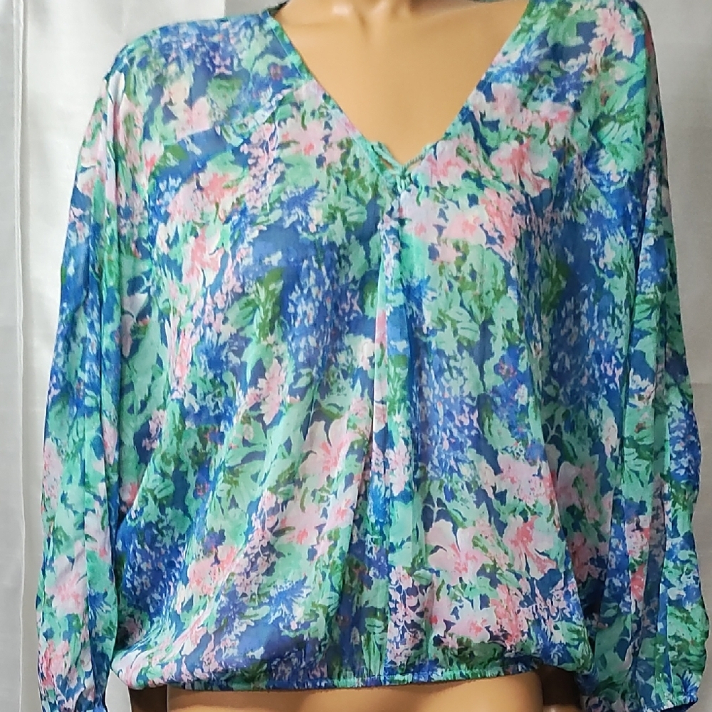 Lulu's Multicolored Floral V-Neck Blouse Long‎ Sleeve
